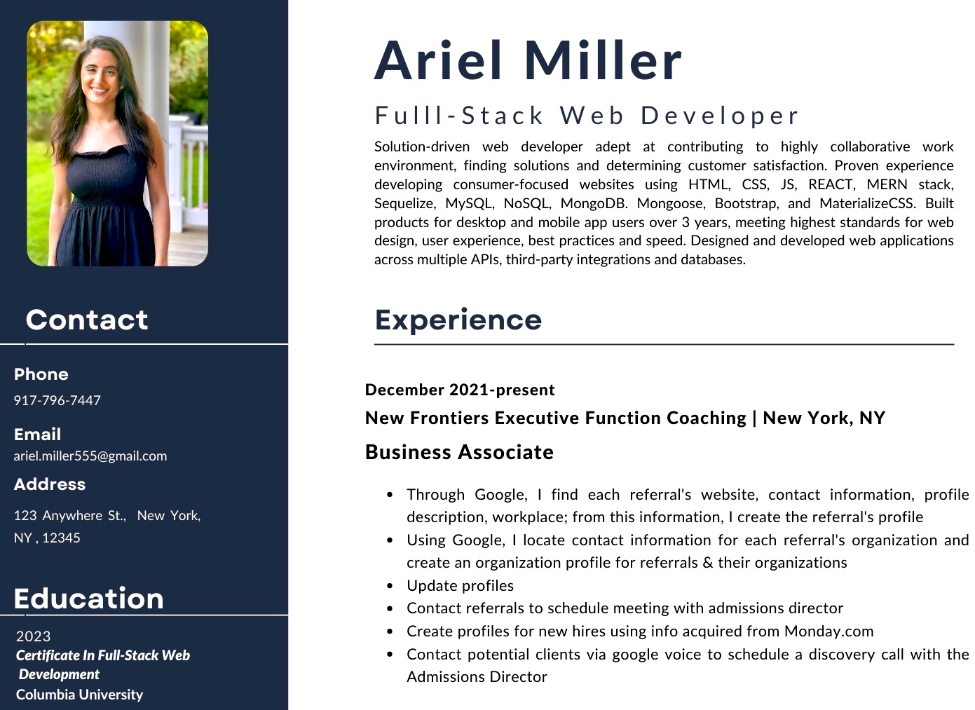 snapshot of Ariel Miller's resume