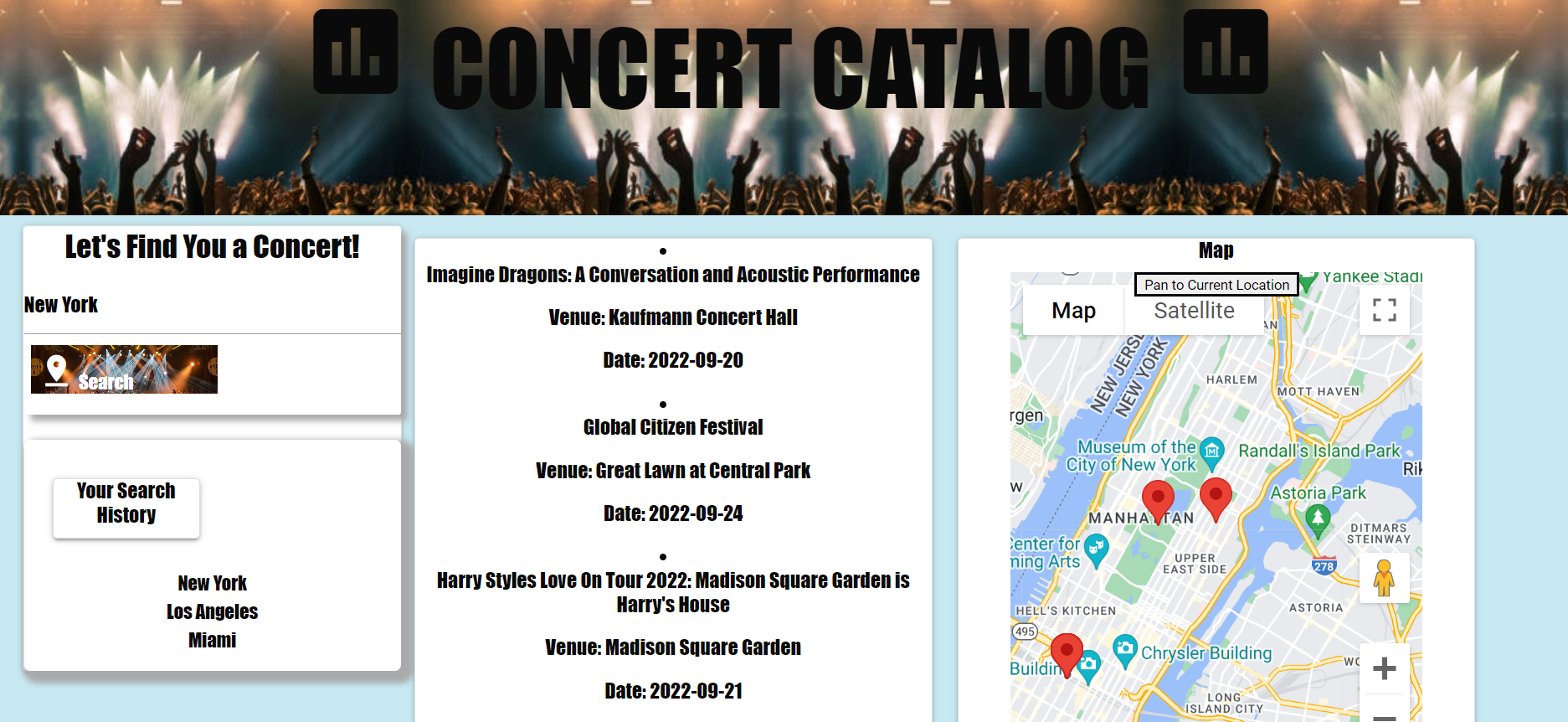 display of Concert Catalog web application after a user searched for concerts near New York.